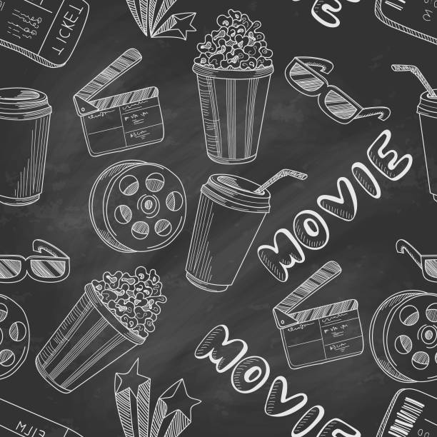 Hand drawn cinema doodle sketch seamless pattern Hand drawn cinema doodle sketch seamless pattern, repeated background on black chalkboard. Vector illustration. movie drawings stock illustrations
