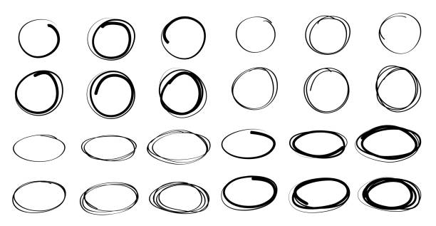 lingkaran yang digambar dengan tangan dan sketsa garis oval, desain vektor - tulisan cakar ayam ilustrasi stok
