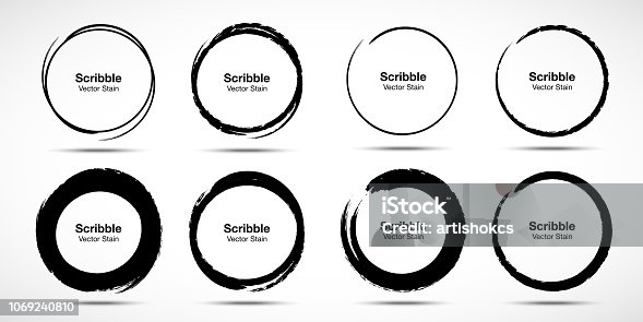 istock Hand drawn circle brush sketch set. Grunge doodle scribble round circles for message note mark design element. Brush circular smears. Banners, Insignias , Logos, Icons, Labels and Badges. Vector 1069240810