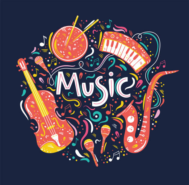 ilustrações, clipart, desenhos animados e ícones de ilustração em círculo desenhado à mão com instrumentos musicais e símbolos musicais. - music festival