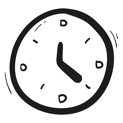 Hand drawn clock and alarm icon in doodle style isolated.