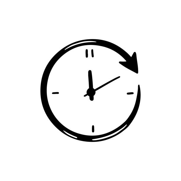 Hand drawn clock of balck color Hand drawn simple circle Clock icon of black color. Doodle sketch style. Concept of time, minute, deadline. Clock with arrow on white background speed drawings stock illustrations