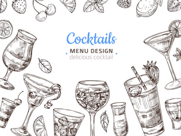 Hand drawn cocktail background. Engraving cocktails alcoholic drinks vintage vector illustration Hand drawn cocktail background. Engraving cocktails alcoholic drinks vintage vector illustration. Illustration of alcohol cocktail menu cocktail backgrounds stock illustrations