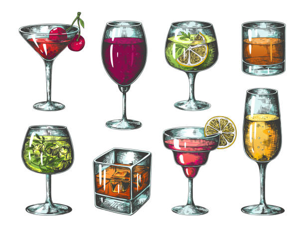 Hand drawn cocktails. Colored glasses with alcoholic beverages and lemonades, tropical bar drinks. Vector isolated sketch set Hand drawn cocktails. Colored glasses with alcoholic beverages and lemonades, tropical bar drinks. Vector isolated sketch fresh drink set cocktail drawings stock illustrations