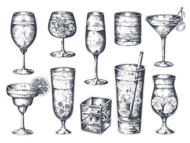 illustrations, cliparts, dessins animés et icônes de cocktails dessinés à la main. verres avec boissons alcoolisées tonique et limonade, rhum de gin martini et boissons tropicales. croquis isolé de vecteur - hand draw jar