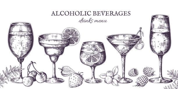 Hand drawn cocktails. Vintage alcoholic menu sketch, liquor beverages and lemonades. Vector isolated tropical bar drinks in line Hand drawn cocktails. Vintage alcoholic menu sketch, liquor beverages and lemonades. Vector illustrations isolated tropical bar drinks in doodle line cocktail drawings stock illustrations
