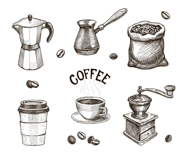 ilustrações de stock, clip art, desenhos animados e ícones de hand drawn coffee set. coffee mill, beans sketch - cafe brasil