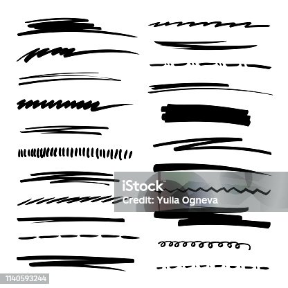 istock Hand drawn collection set of underline strokes in marker brush doodle style. Grunge brushes. 1140593244