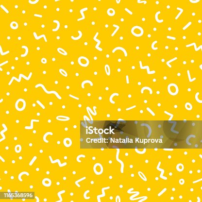 istock Hand drawn colorful abstract confetti seamless pattern. Pop art fashion festival abstract background in memphis style. Yellow color 1165368596