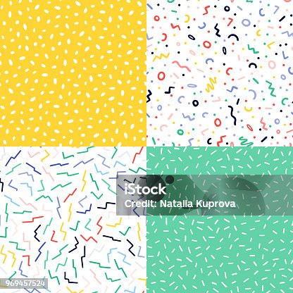 istock Hand drawn colorful abstract confetti seamless pattern set. Pop art fashion festival abstract background in  style. 969457524
