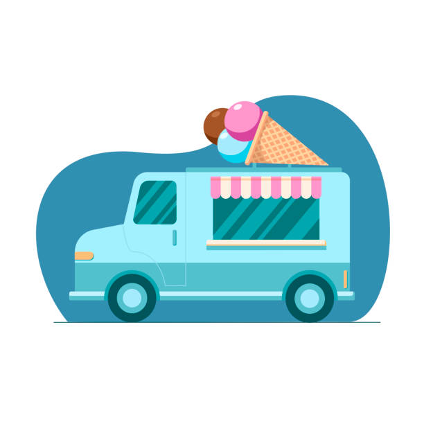 ilustraciones, imágenes clip art, dibujos animados e iconos de stock de camión de hielo colorido dibujado a mano, tienda móvil sobre fondo azul. ilustración en estilo plano. - ice cream truck