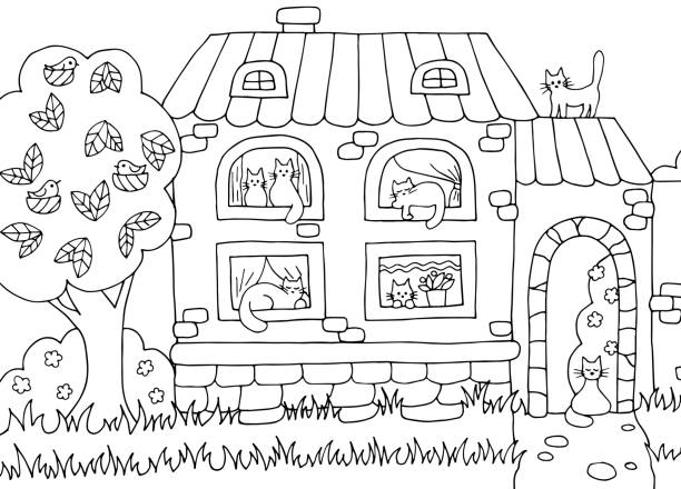 Hand drawn coloring page with house and cats Hand drawn coloring page for adults and children with a house and many cats cute cat coloring pages stock illustrations