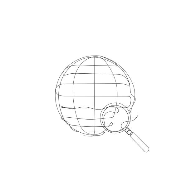 ilustrações de stock, clip art, desenhos animados e ícones de hand drawn continuous line art style globe and magnifying glass illustration icon - planet zoom out