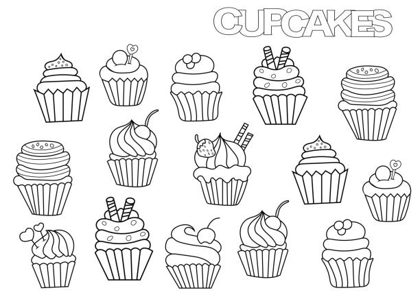 Hand drawn cupcakes set. Coloring book page Hand drawn cupcakes set. Coloring book page template.  Outline doodle vector illustration. cupcakes coloring pages stock illustrations