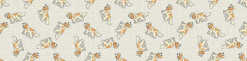 Hand drawn cute cocker spaniel dog face with pink bow breed seamless vector border. Purebred pedigree domestic dog on paw background. Dog lover English hunting pet all over print. Kennel pooch.