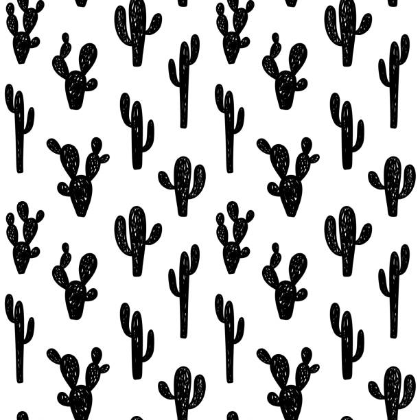 Hand drawn cute kids abstract seamless pattern with cactus. Rustic, boho simple black and white background. Cartoon illustration Hand drawn cute kids abstract seamless pattern with cactus. Rustic, boho simple black and white background. Cartoon illustration cactus patterns stock illustrations