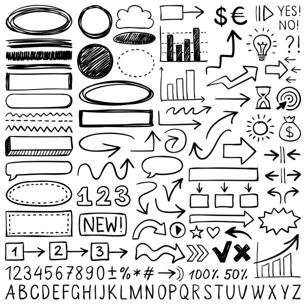 Hand drawn design elements Hand drawn design elements. Vector frames, arrows and symbols. Doodle illustration. growth drawings stock illustrations