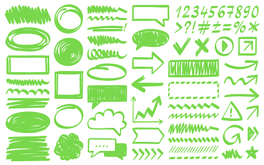 Hand drawn design elements. Vector frames, speech bubbles, arrows and different shapes.