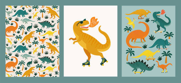 Hand drawn dinosaurs, tropical leaves and flowers. Seamless pattern. Cute dino design elements. Prints vintage design for t-shirts. Vector illustration. Hand drawn dinosaurs, tropical leaves and flowers. Seamless pattern. Cute dino design elements. Prints vintage design for t-shirts. Vector illustration. dinosaur stock illustrations