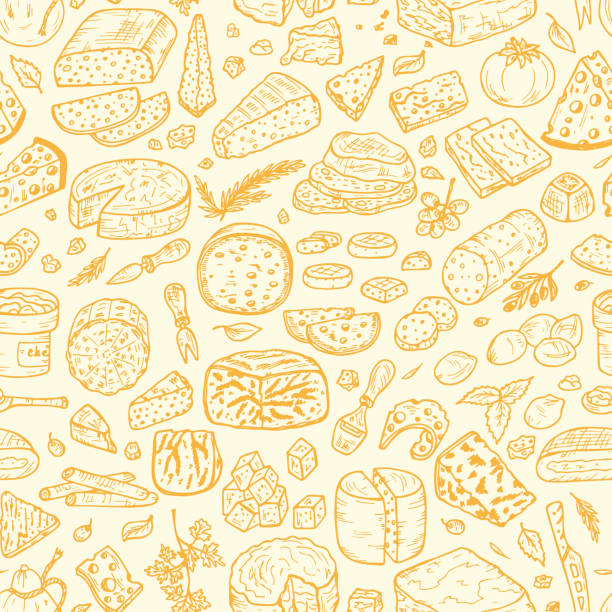 Hand Drawn Doodle Cheese Vector Seamless pattern Cheese Seamless pattern. Hand Drawn Doodle various types of cheese: roquefort, parmesan, goat cheese, mozzarella, smoked gouda, blue cheese. Cheese knifes. Vector Cheese. cheese designs stock illustrations