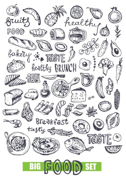 Hand drawn doodle food illustration. Healthy food Sketch food breakfast drawings stock illustrations