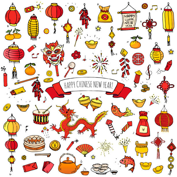 Hand drawn doodle Happy Chinese New Year icons set vector art illustration