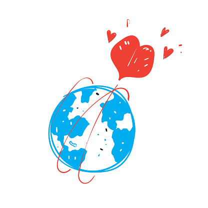 hand drawn doodle love flying around globe illustration icon isolated