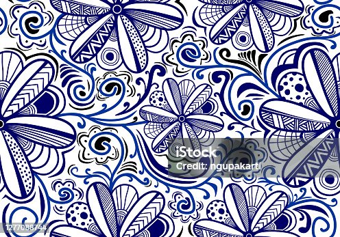 istock Hand drawn doodle repeating fabric floral design texture. Vintage flora art in traditional classic seamless pattern in blue and white background. Perfect for printing on fabric or paper. 1277088744