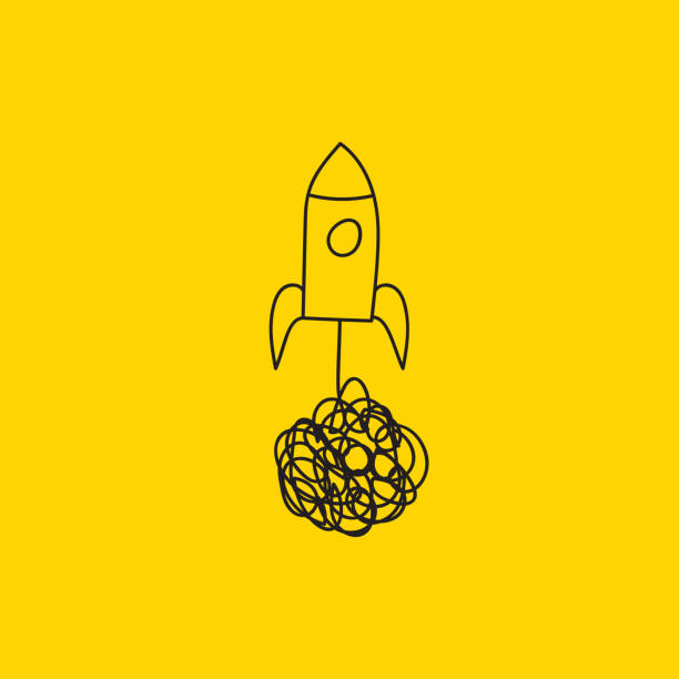 Hand drawn doodle rocket taking off Hand drawn doodle rocket taking off from tangled tangle. Icon startup, start up business. Vector illustration rocketship designs stock illustrations