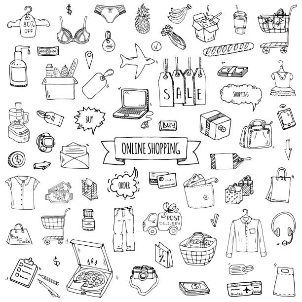 Hand drawn doodle set of Online shopping icons. Vector illustration set. Hand drawn doodle set of Online shopping icons. Vector illustration set. Cartoon buying symbols. Sketchy elements collection: laptop, sale, food, grocery, clothing, cart, wallet, credit card, tag, bag shopping drawings stock illustrations
