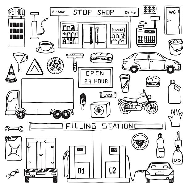 Hand drawn doodle set with filling station Vector illustration for backgrounds, web design, design elements, textile prints, covers  garage drawings stock illustrations