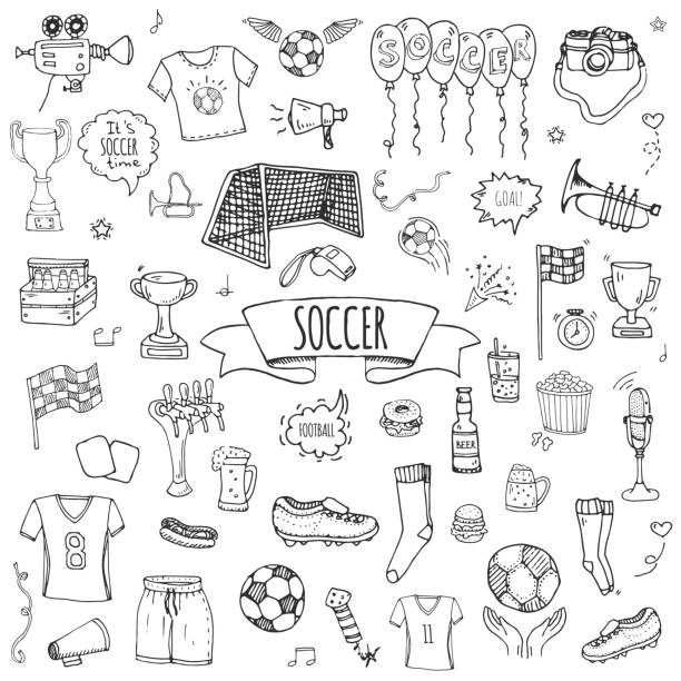 Hand drawn doodle Soccer set Hand drawn doodle Soccer set Vector illustration Sketchy sport traditional icons Cartoon typical football elements collection Football ball, cleats, goal, trophy, whistle, gloves, boots isolated soccer drawings stock illustrations