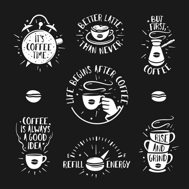 Hand drawn doodle style coffee posters set. Vector vintage illustration. Hand drawn doodle style coffee posters set. Hand crafted design elements for prints, wall decoration advertising. Coffee shop labels collection. Quotes about coffee. Vintage vector illustration. grinding stock illustrations