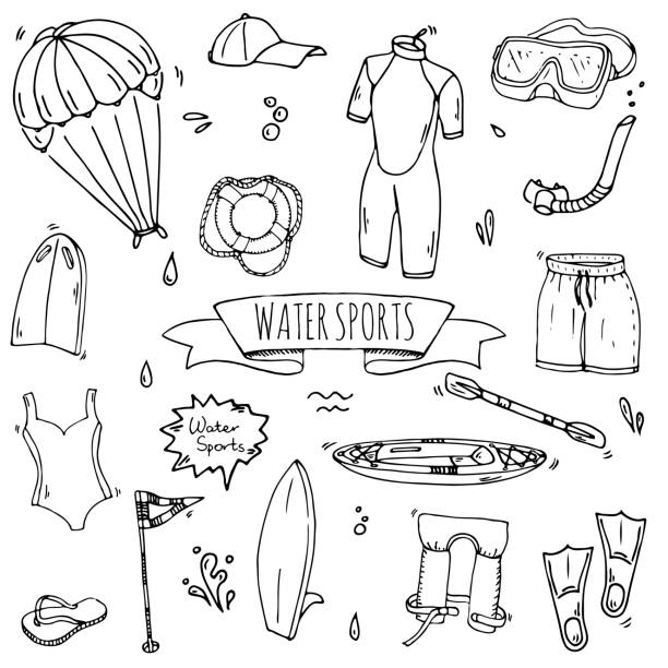 Hand drawn doodle Water sports icons set. Vector illustration, isolated symbols collection, Cartoon various elements: jetski, wakeboard, waterski, surfing, kayak, kitesurfing, paddle, parasailing vector art illustration