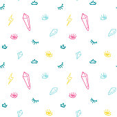 Hand drawn doodles icon seamless pattern with eye, diamond, lightning, crown in retro pop up style. Vector beauty illustration for card, textile, wallpaper, background.