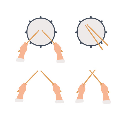 Hand drawn drum and hands holding drumsticks. Top view. Vector llustration in flat and cartoon style