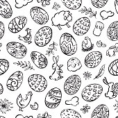 Vector line art easter pattern with eggs and rabbits, chicken, plants, flowers, clouds.