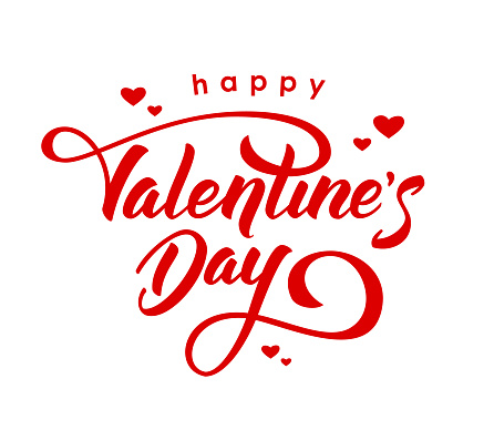 Vector illustration. Hand drawn elegant modern brush lettering of Happy Valentines Day with hearts isolated on white background.
