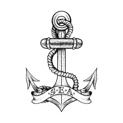 Hand Drawn Elegant Ship Sea Anchor With Rope And Banner Stock ...