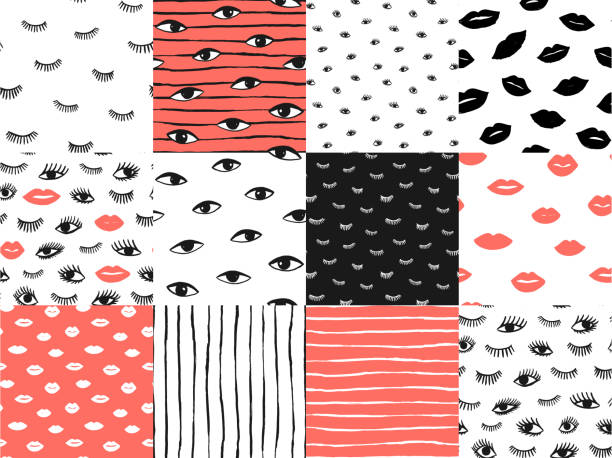 Hand drawn eye doodles icon seamless pattern set in retro pop up style. Vector beauty illustration of open and close eyes for card, fabric, textile, wallpaper, background. Coral red color Hand drawn eye doodles icon seamless pattern set in retro pop up style. Vector beauty illustration of open and close eyes for card, fabric, textile, wallpaper, background. Coral red color eye patterns stock illustrations
