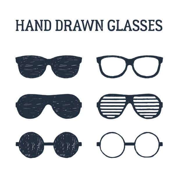 Hand drawn eye glasses and sunglasses illustrations set. Hand drawn eye glasses and sunglasses textured vector illustrations set. eye borders stock illustrations