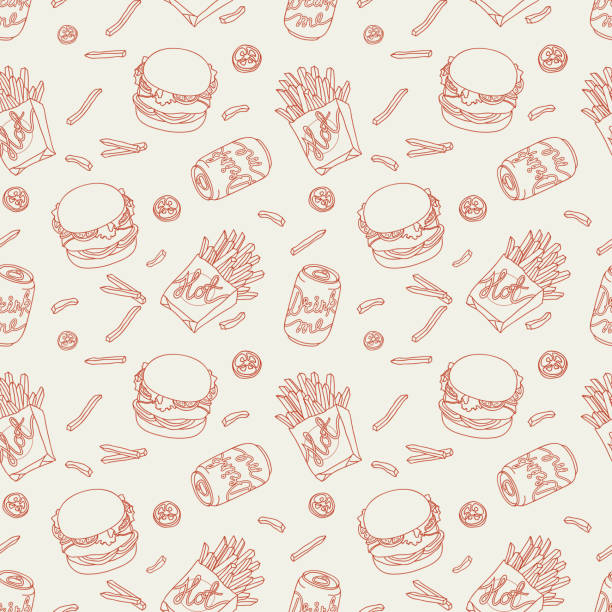 stockillustraties, clipart, cartoons en iconen met hand drawn fast food doodle pattern - hamburger