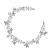 Hand drawn black floral oval frame wreath with space to your text on white background
