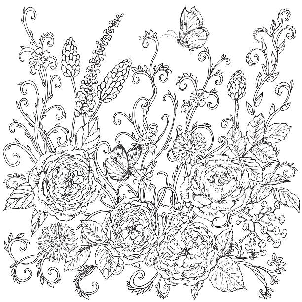 Hand drawn floral pattern with tea roses. Hand drawn floral  pattern with tea rose. Black and white flowers, leaves,  curls  and flying butterflies for coloring. Vector sketch. butterfly fairy flower white background stock illustrations