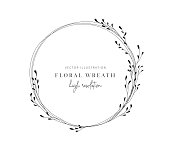 istock Hand drawn floral wreath, Floral wreath with leaves for wedding. 1308971897