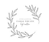 istock Hand drawn floral wreath, Floral wreath with leaves for wedding. 1308972246