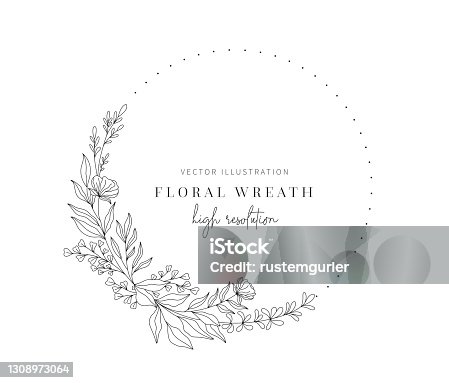 istock Hand drawn floral wreath, Floral wreath with leaves for wedding. 1308973064