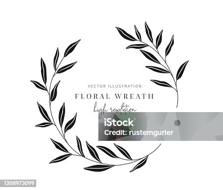 istock Hand drawn floral wreath, Floral wreath with leaves for wedding. 1308973099