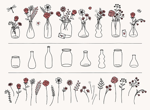 Hand drawn flowers and vases