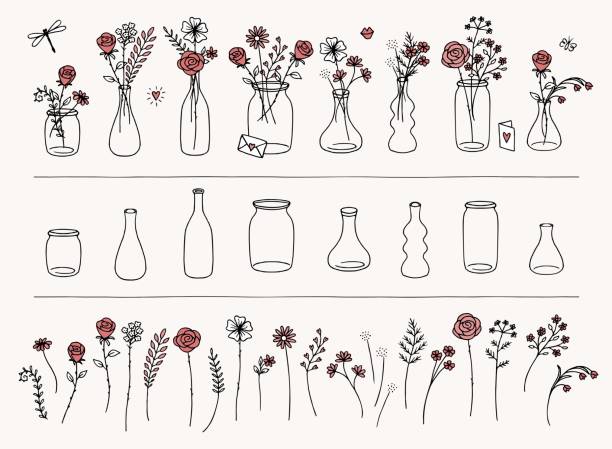 Hand drawn flowers and vases vector art illustration